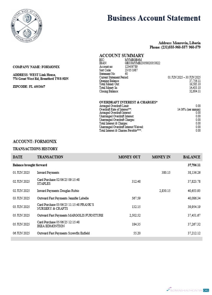 Central Bank of Liberia organization checking account statement Word and PDF template (1)